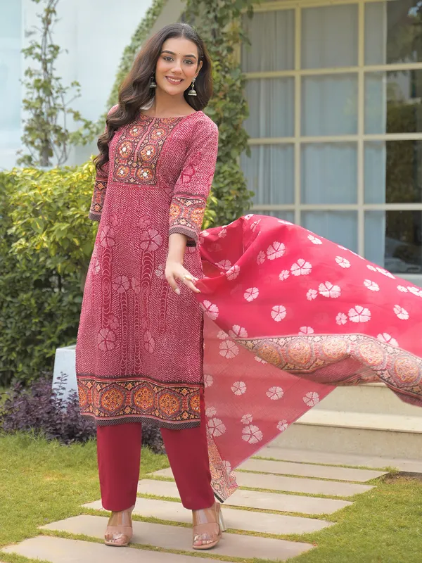 Maroon silk printed kurti set with dupatta
