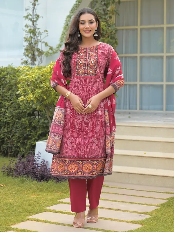 Maroon silk printed kurti set with dupatta