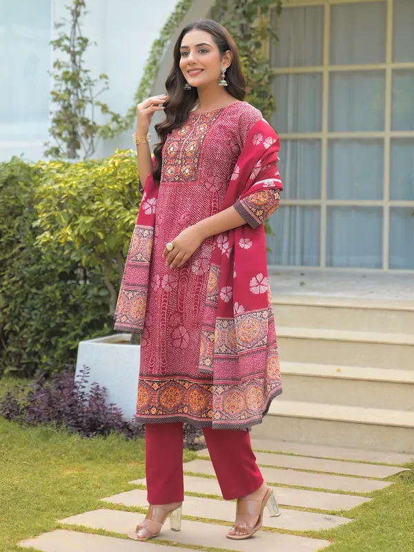Maroon silk printed kurti set with dupatta
