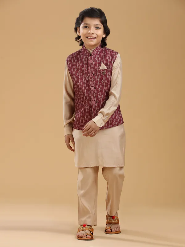 Maroon silk printed waistcoat set
