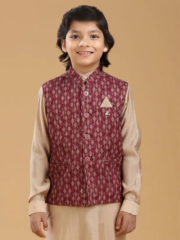 Maroon silk printed waistcoat set