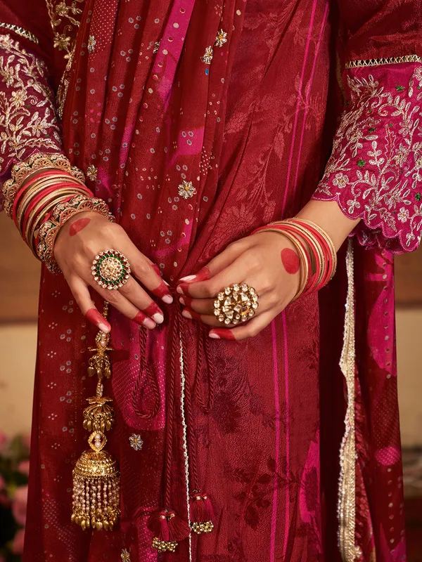 Maroon silk printed wedding wear salwar suit