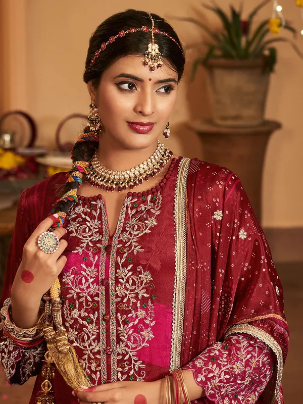 Maroon silk printed wedding wear salwar suit