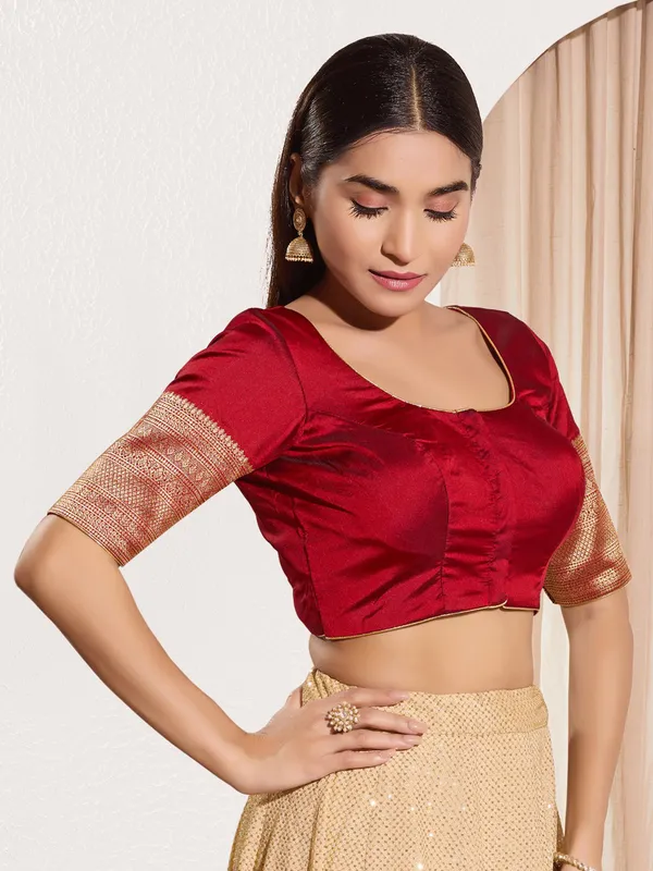 Maroon silk ready made blouse with zari weaving