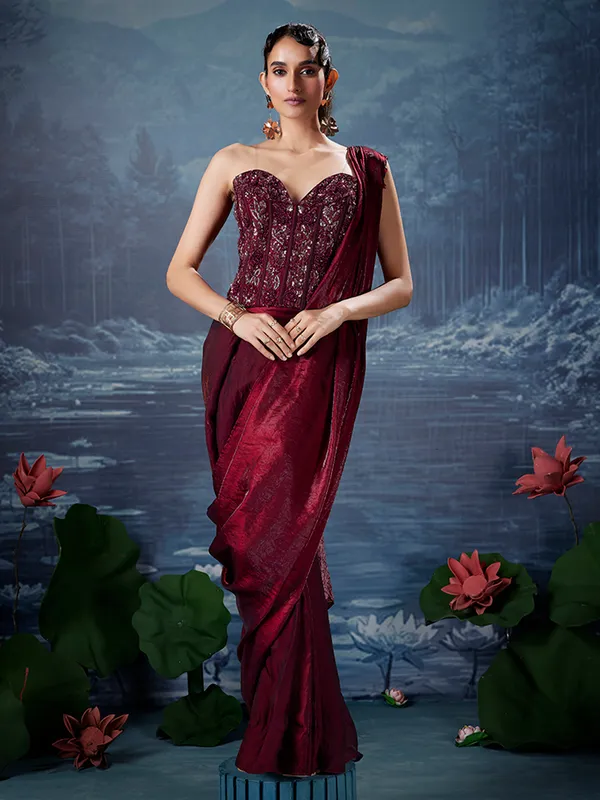 Maroon silk ready to wear saree for wedding wear
