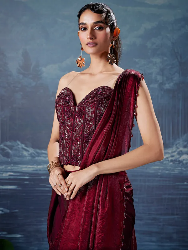 Maroon silk ready to wear saree for wedding wear