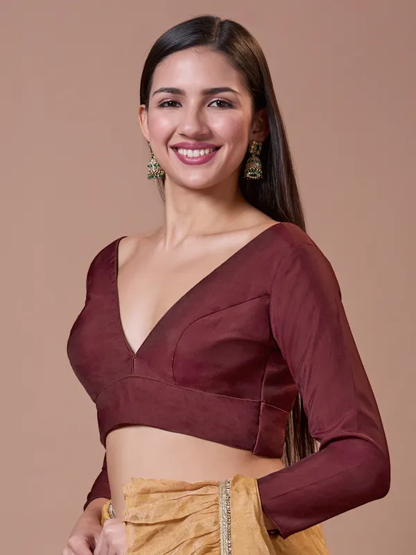 Maroon silk readymade blouse V neck