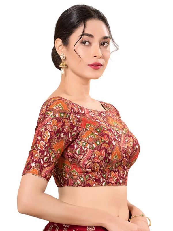 Maroon silk redy made blouse with print