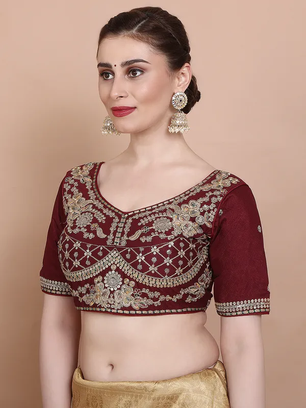 Maroon silk round neck embroidered ready made blouse