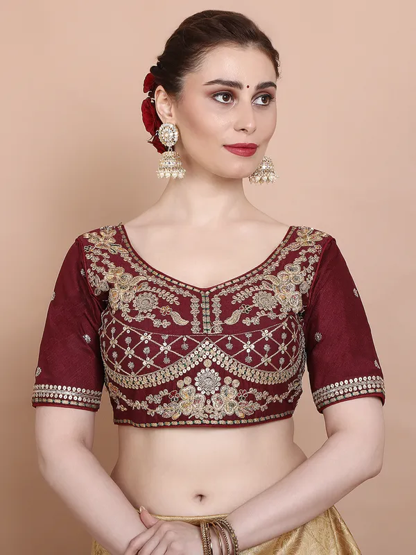 Maroon silk round neck embroidered ready made blouse