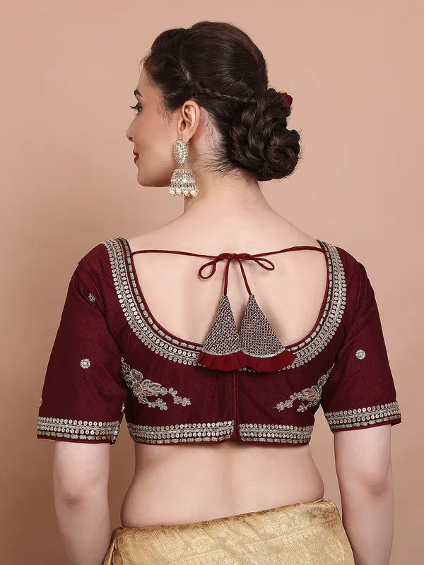 Maroon silk round neck embroidered ready made blouse