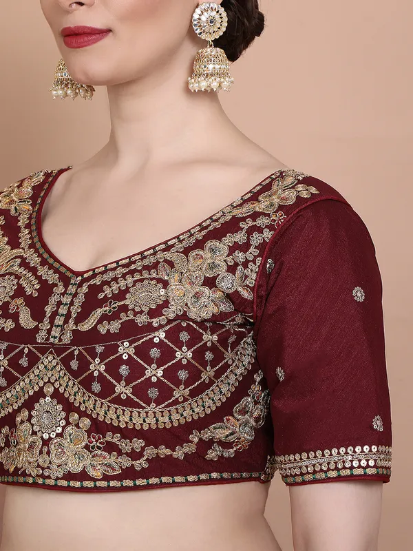 Maroon silk round neck embroidered ready made blouse