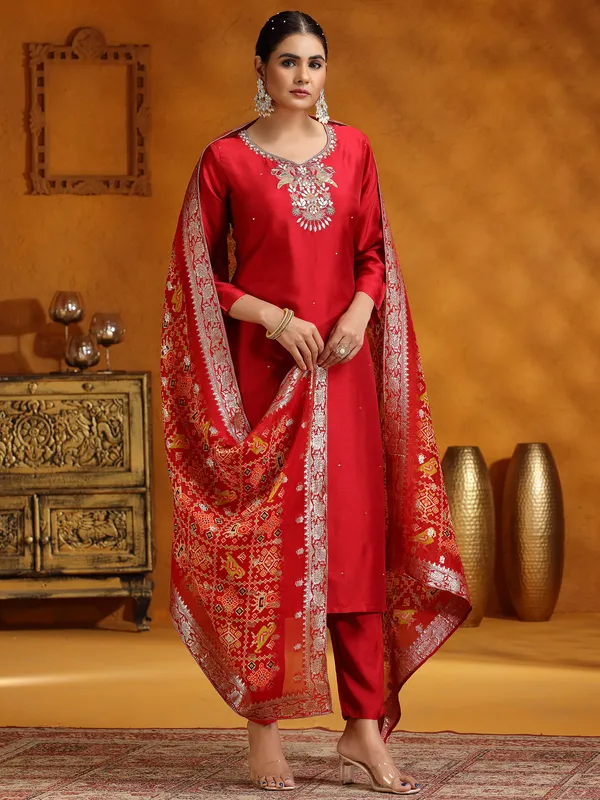 Maroon silk salwar suit with dupatta for festive