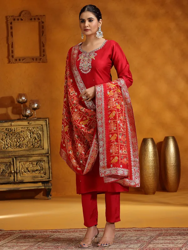 Maroon silk salwar suit with dupatta for festive