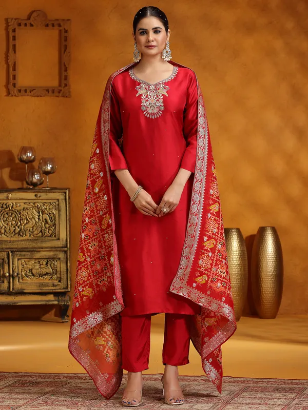 Maroon silk salwar suit with dupatta for festive