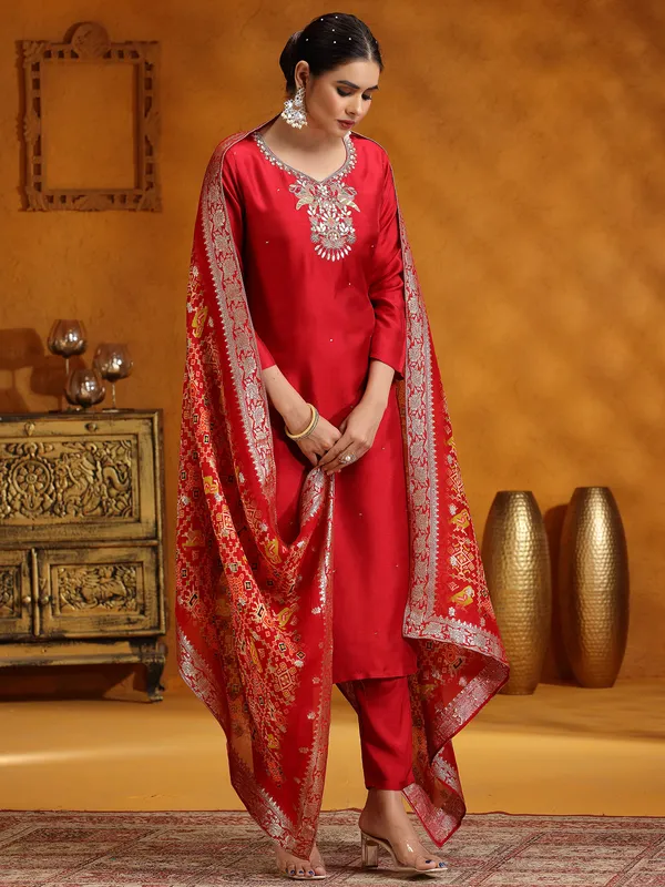 Maroon silk salwar suit with dupatta for festive