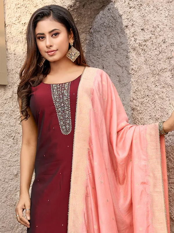Maroon silk salwar suit with dupatta for women