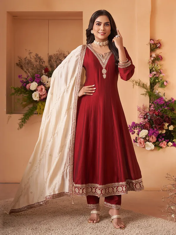 Maroon silk salwar suit with dupatta set