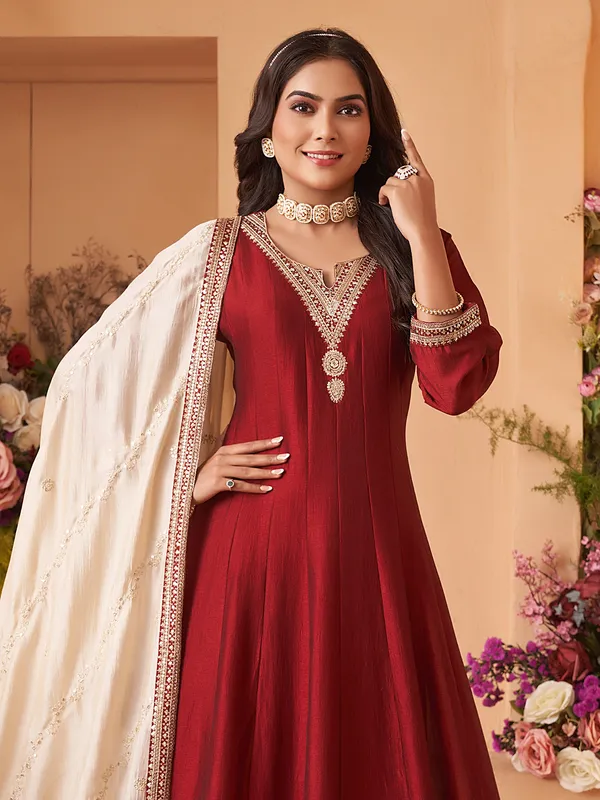 Maroon silk salwar suit with dupatta set