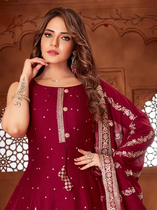 Maroon silk salwar suit with embellished dupatta