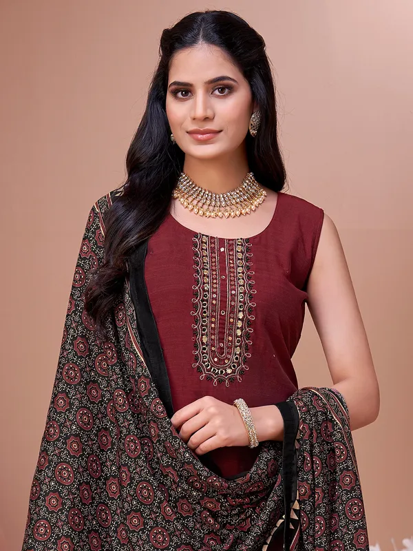 Maroon silk salwar suit with printed black dupatta