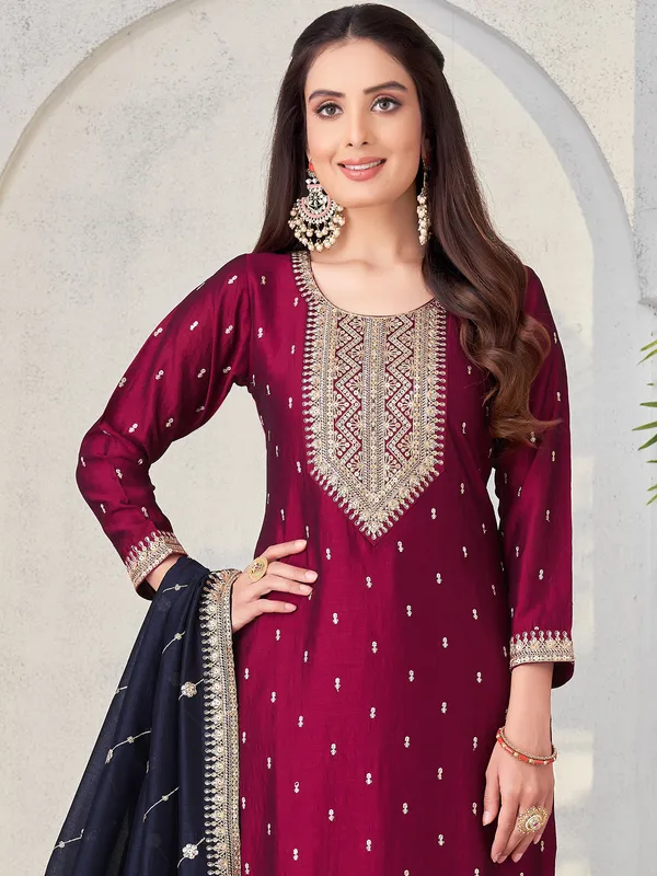 Maroon silk salwar suit with sequins work dupatta