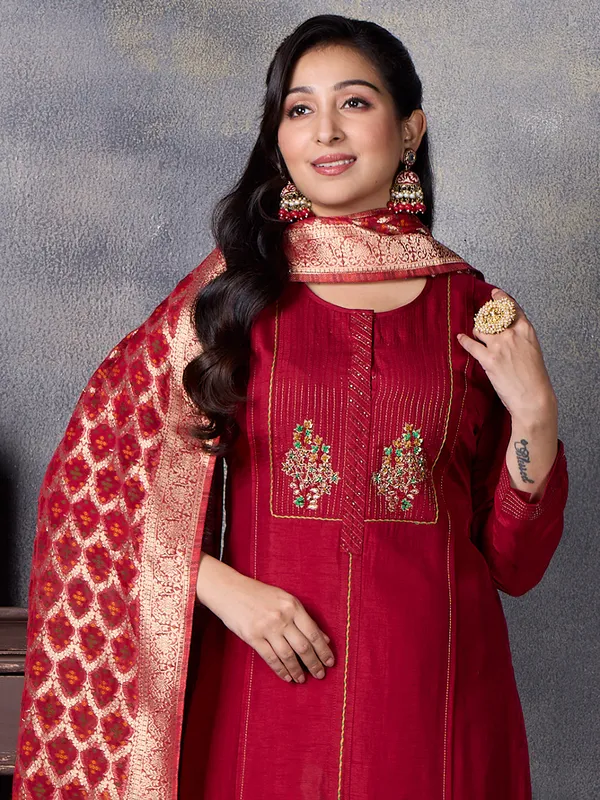 Maroon silk salwar suit with zari worked dupatta