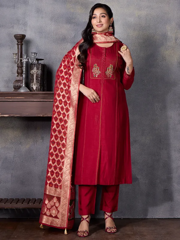 Maroon silk salwar suit with zari worked dupatta