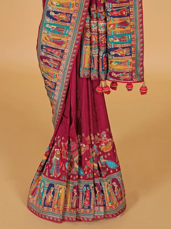 Maroon silk saree in zari work with unstiched blouse