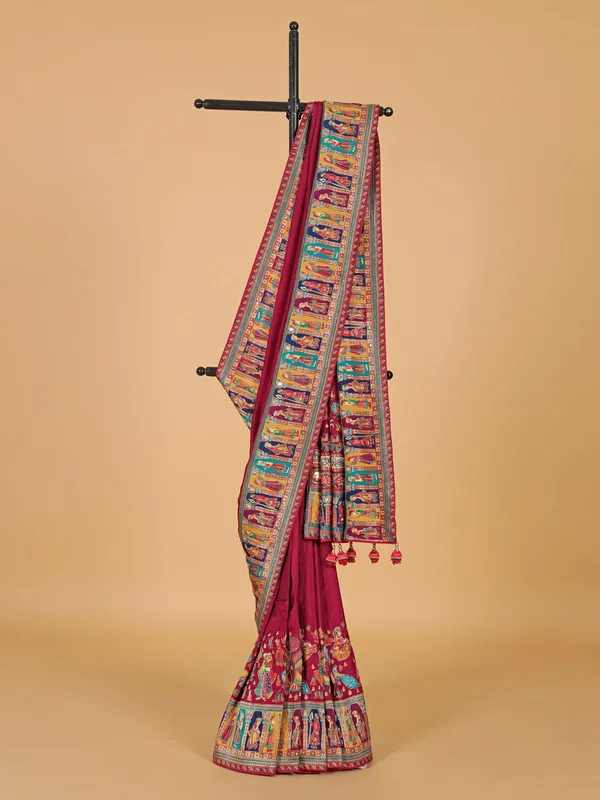 Maroon silk saree in zari work with unstiched blouse