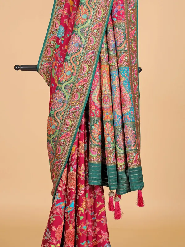 Maroon silk saree with colorful motifs