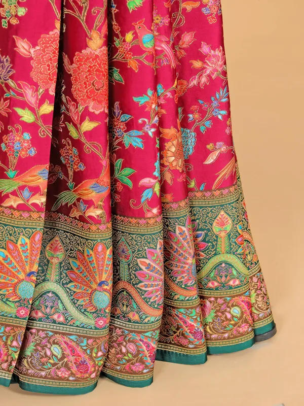 Maroon silk saree with colorful motifs