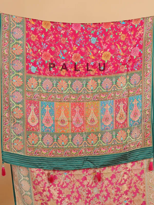 Maroon silk saree with colorful motifs