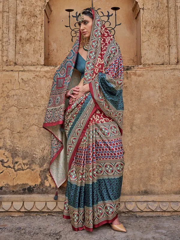 Maroon silk saree with digital printed