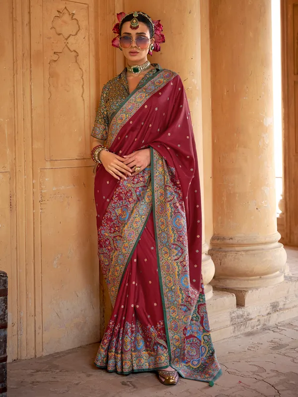 Maroon silk saree with elegant print and blouse