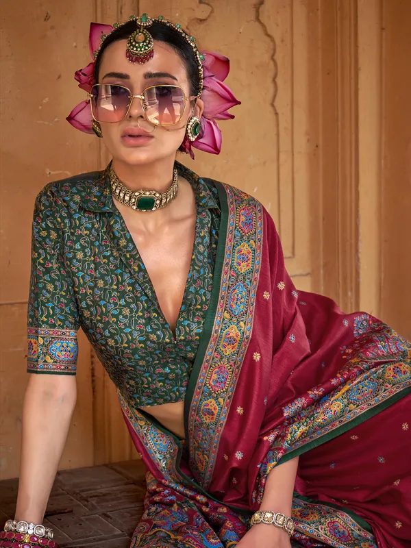 Maroon silk saree with elegant print and blouse