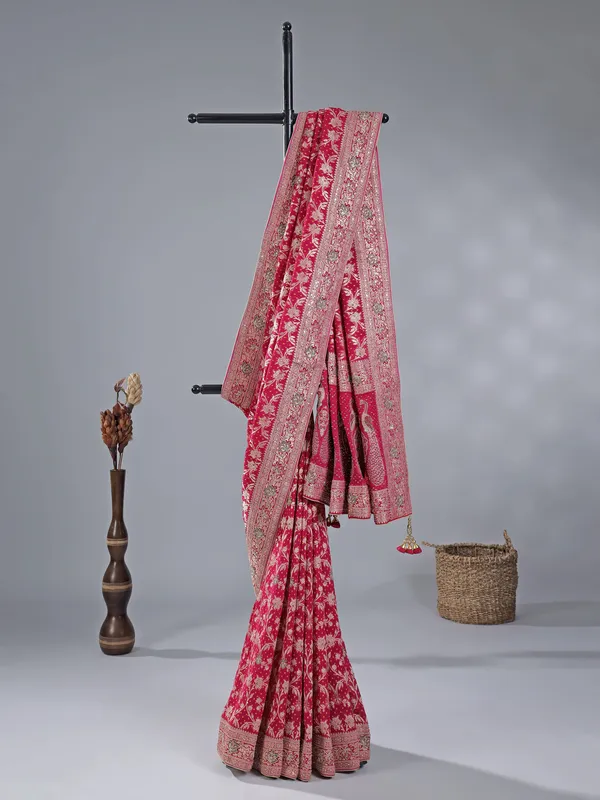 Maroon silk saree with unstitched blouse