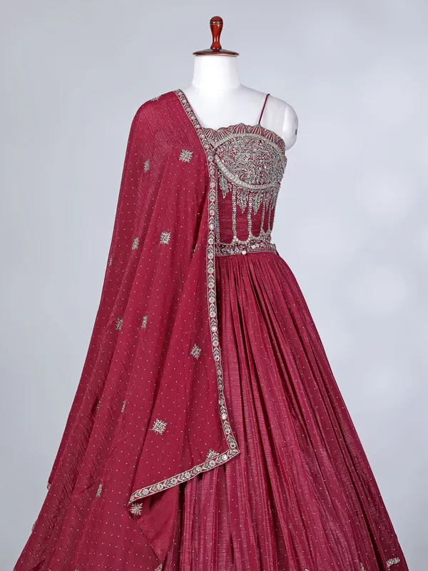 Maroon silk stone embroidered lehenga choli set