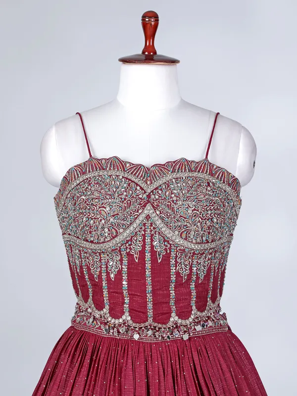 Maroon silk stone embroidered lehenga choli set