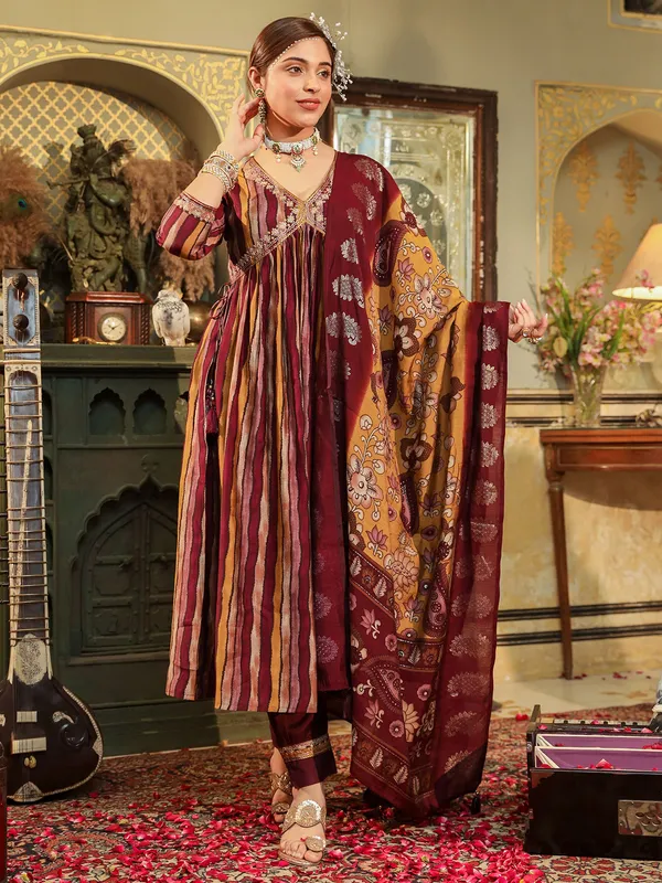 Maroon silk stripe kurti set