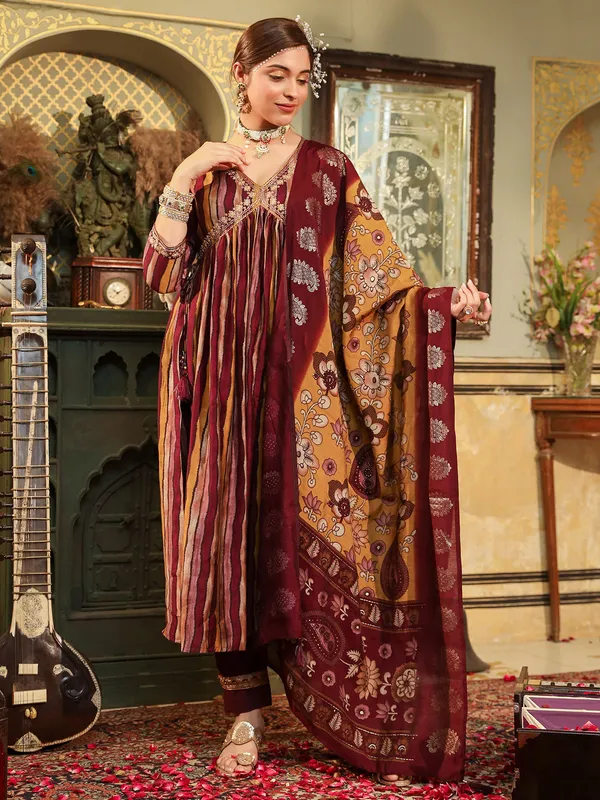 Maroon silk stripe kurti set