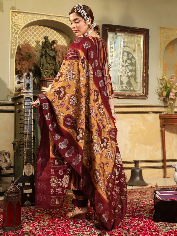 Maroon silk stripe kurti set