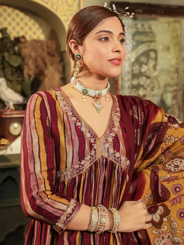 Maroon silk stripe kurti set