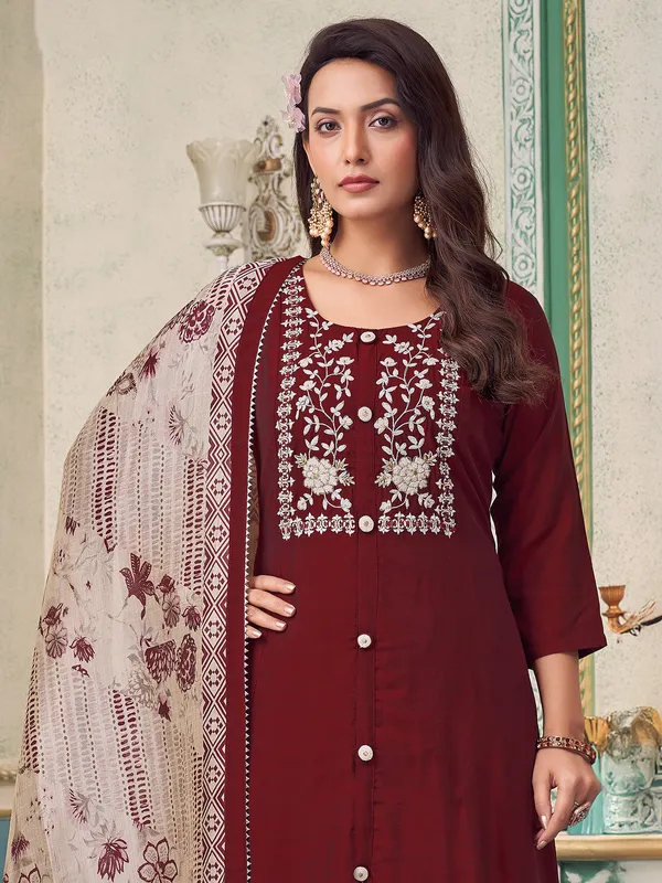 Maroon silk suit with quarter sleeves and dupatta