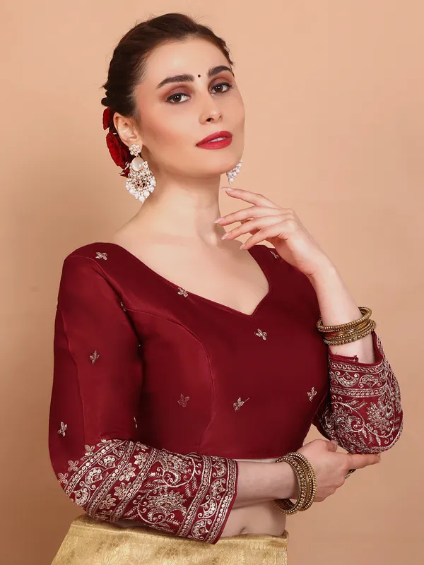 Maroon silk sweetheart neck ready made blouse