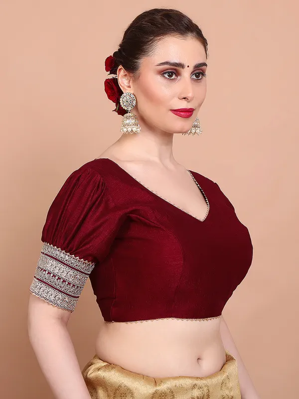 Maroon silk V neck ready made alterable blouse