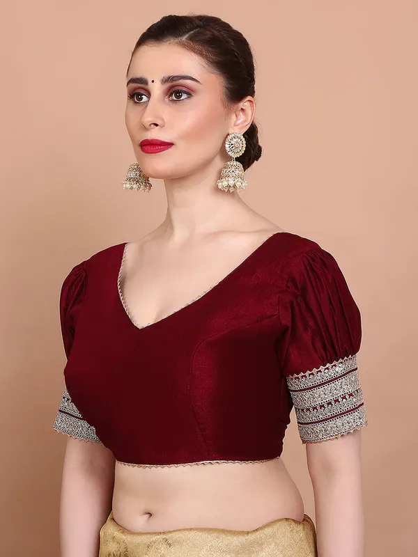 Maroon silk V neck ready made alterable blouse