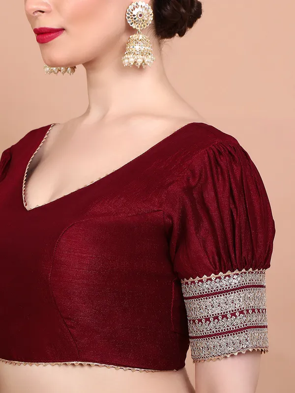Maroon silk V neck ready made alterable blouse