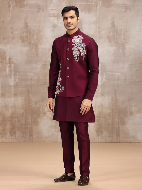 Maroon silk waistcoat set for wedding functions