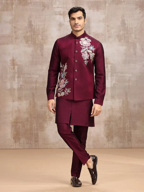 Maroon silk waistcoat set for wedding functions